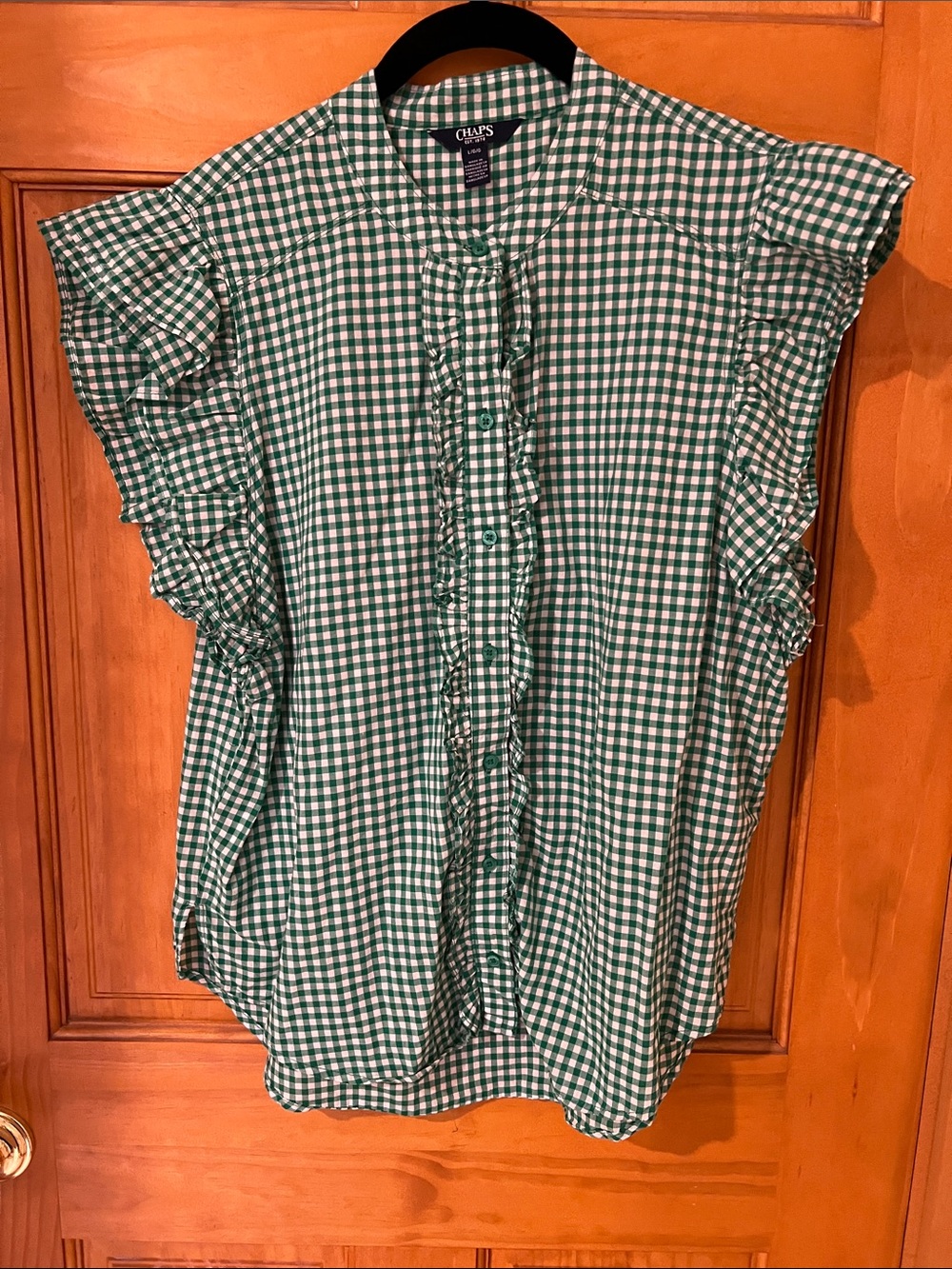 Chaps Green Gingham Ruffle Button-Front Women's Shirt